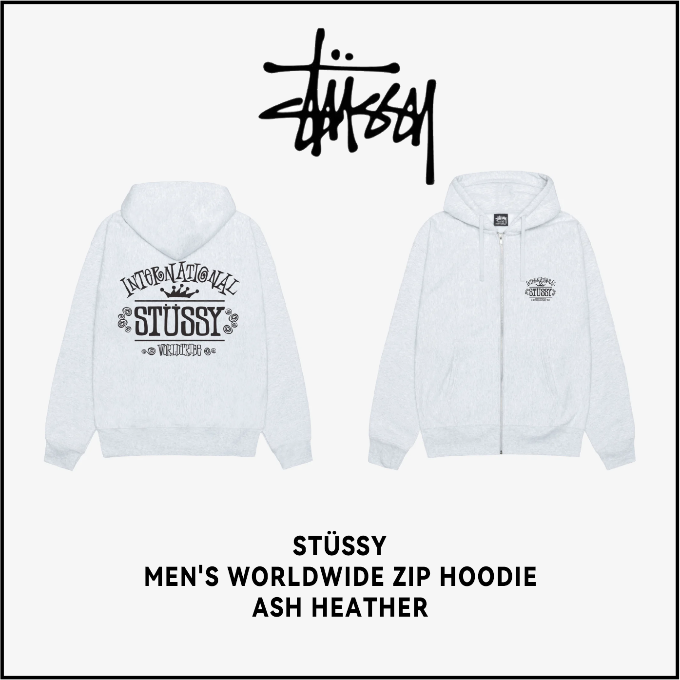 Stüssy Worldwide Zip Hoodie Ash Heather【男女兼用バージョン】