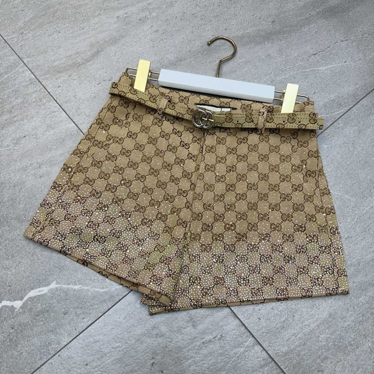 レトロなハイウエスト、全面ラインストーンプリントのショートパンツ、ストレートレッグのシックなショートパンツ