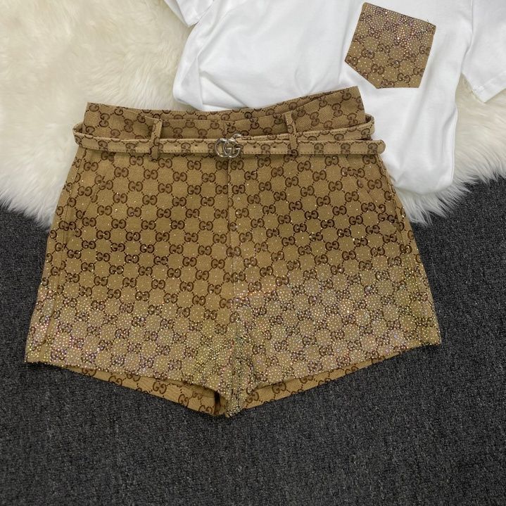 レトロなハイウエスト、全面ラインストーンプリントのショートパンツ、ストレートレッグのシックなショートパンツ