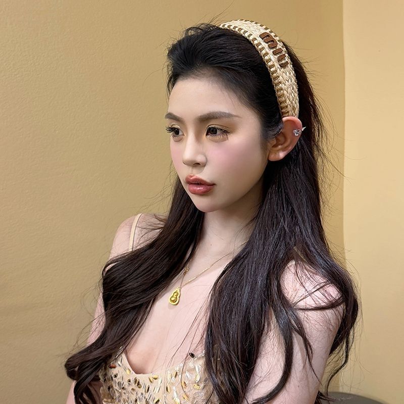 リゾートスタイル ストロー編み込みヘッドバンド ヘアアクセサリー 女性用