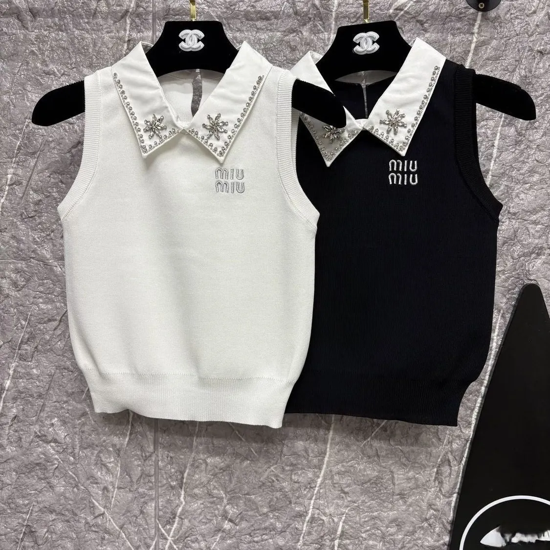 夏物ラグジュアリーラインストーン刺繍ニットベスト 女性用、スリムフィット