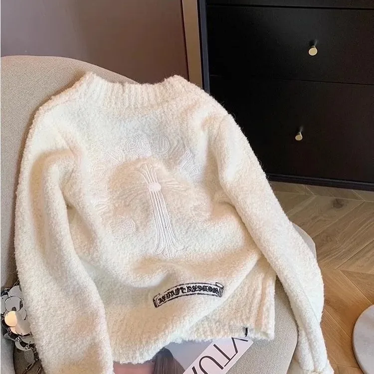 『S-2XL』ホワイト刺繍セーターカーディガンレディース秋冬ニットコート