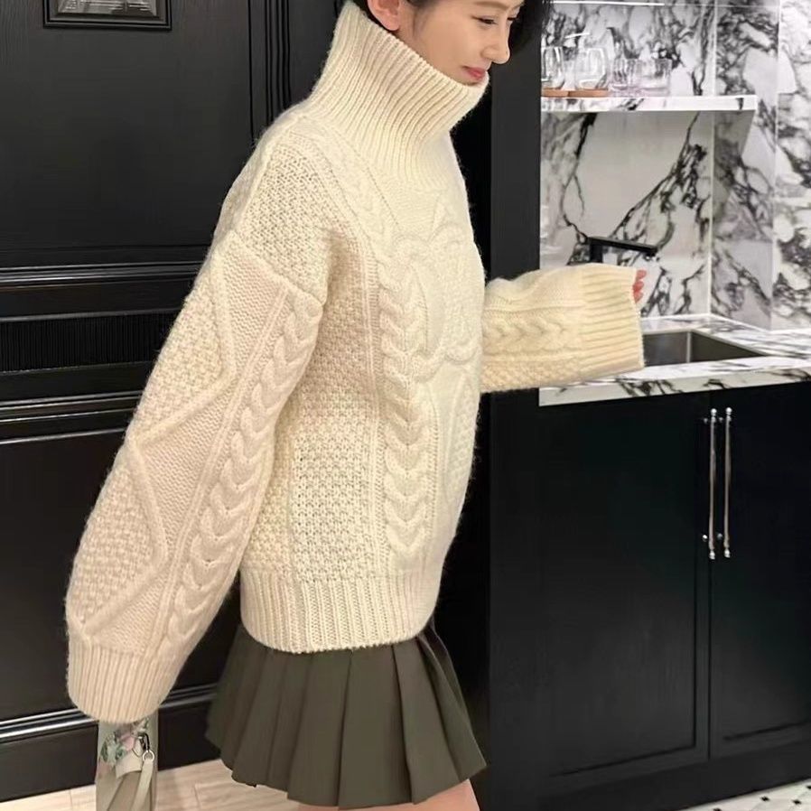 『S-L』冬 フレンチ 柔らかもっちり 厚手 ベージュ タートルネック ニットセーター