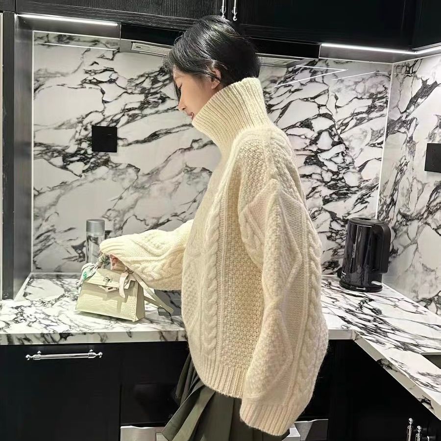 『S-L』冬 フレンチ 柔らかもっちり 厚手 ベージュ タートルネック ニットセーター