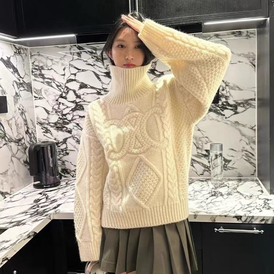 『S-L』冬 フレンチ 柔らかもっちり 厚手 ベージュ タートルネック ニットセーター