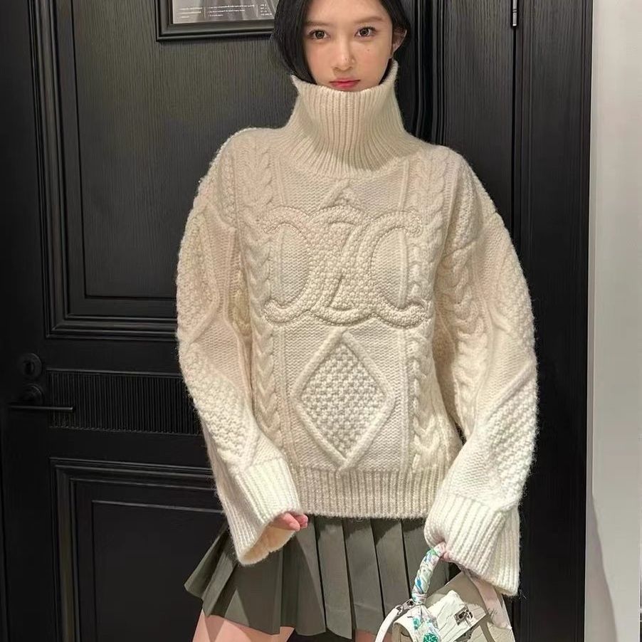 『S-L』冬 フレンチ 柔らかもっちり 厚手 ベージュ タートルネック ニットセーター