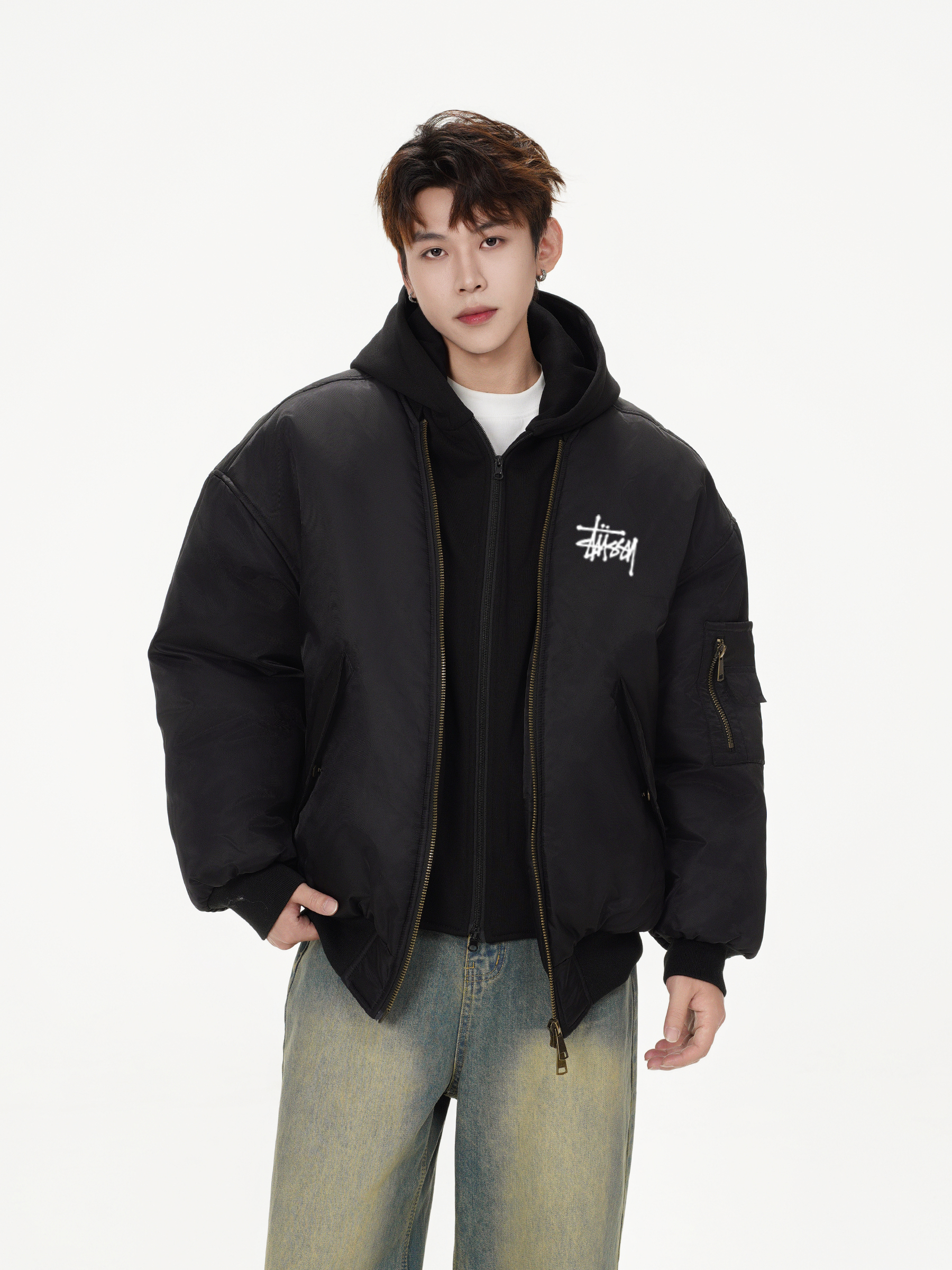 【STUSSY】フード付きダブルレイヤージャケット