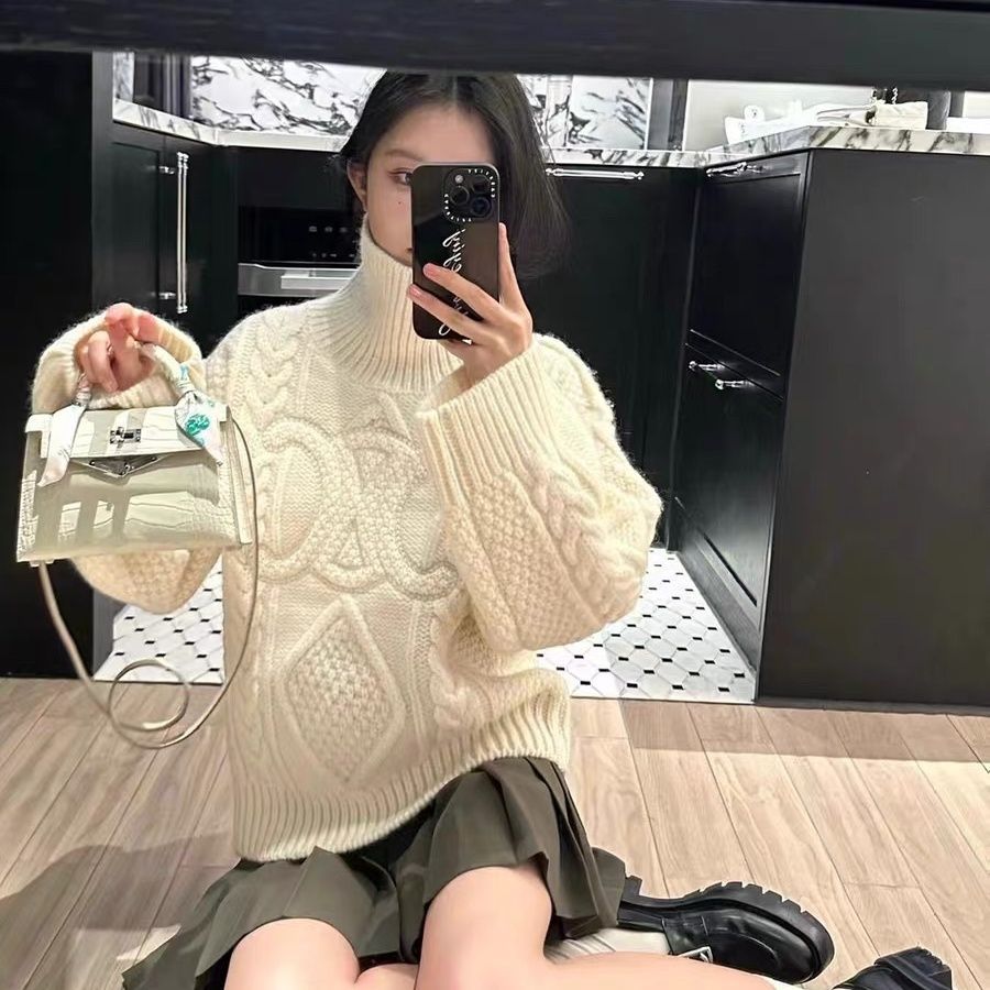 『S-L』冬 フレンチ 柔らかもっちり 厚手 ベージュ タートルネック ニットセーター
