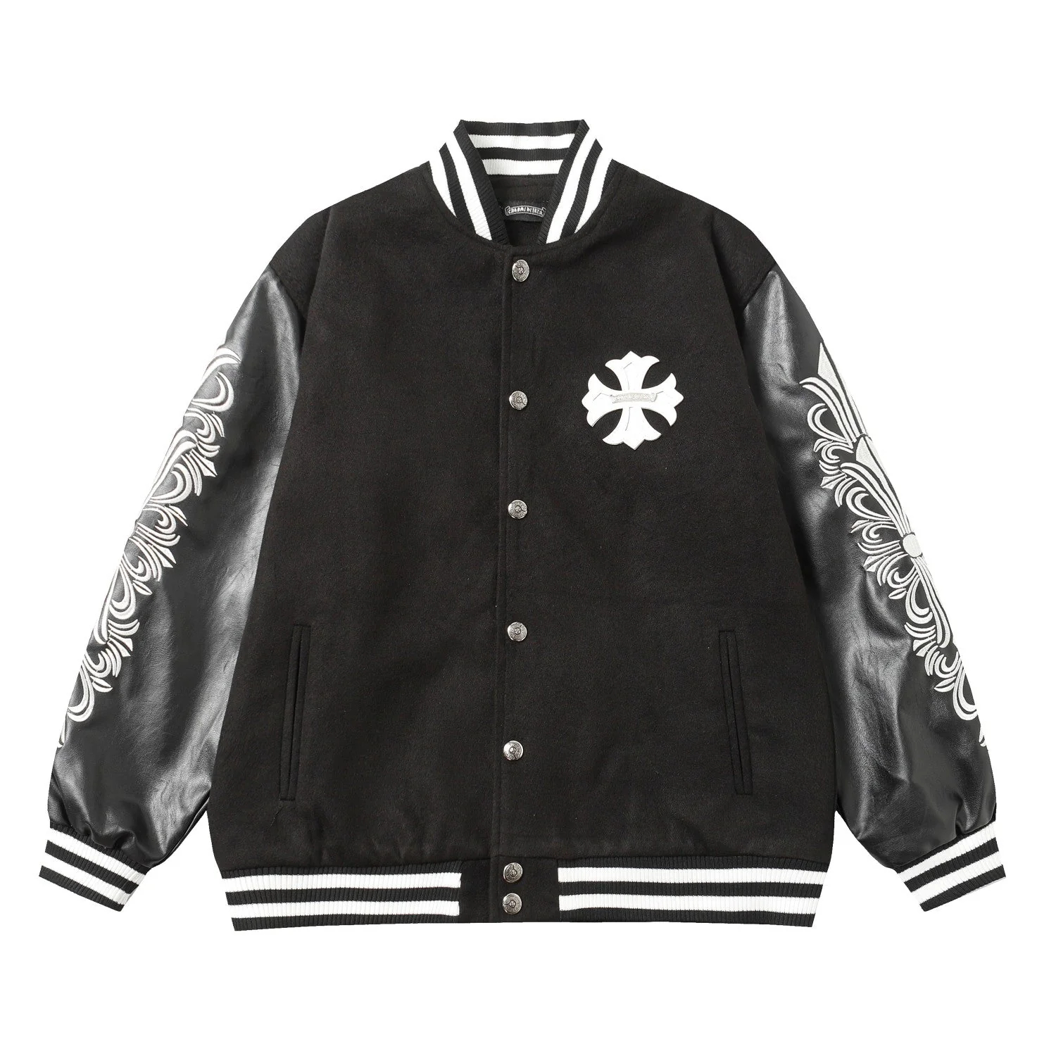 【Chrome Hearts】クロムハーツ クロス刺繍 レザースリーブ ブラック バーシティジャケット（スタジャン） ストリートスタイル