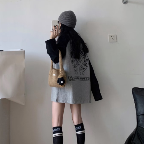 『S-XL』マイアミホースシュー サンスクリット文字パッチワーク ラグラン長袖Tシャツ