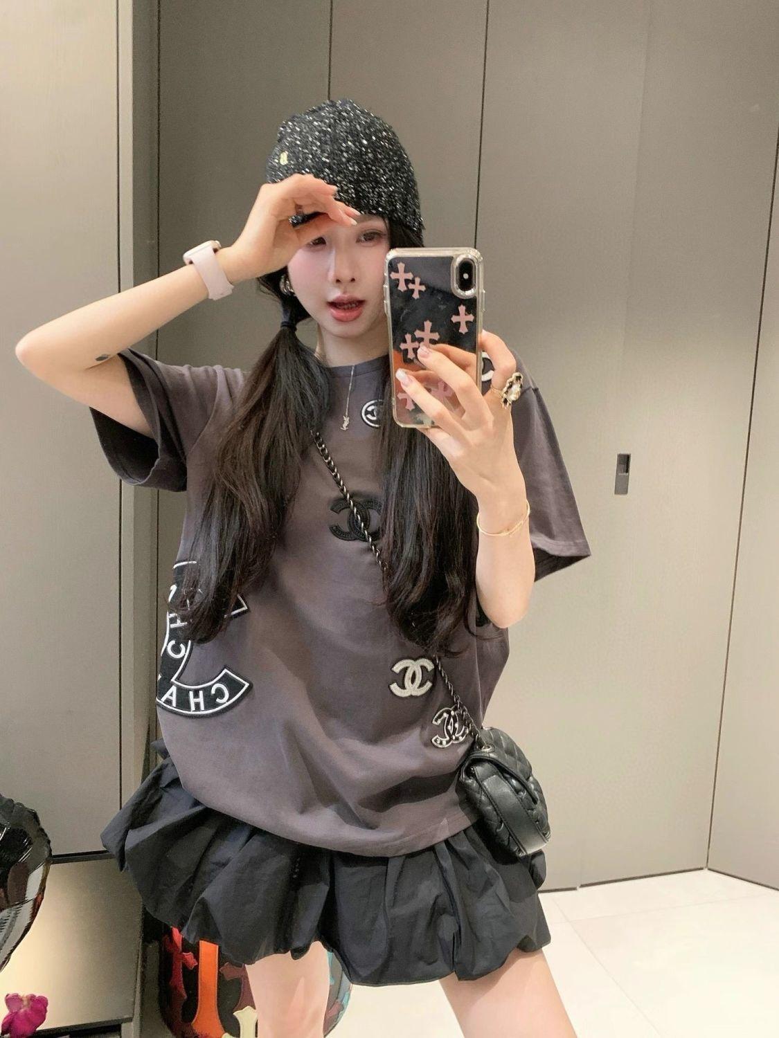 ファッショナブルなパッチワークラウンドネック純綿半袖Tシャツ、女性用、高級スイートルーズトップ