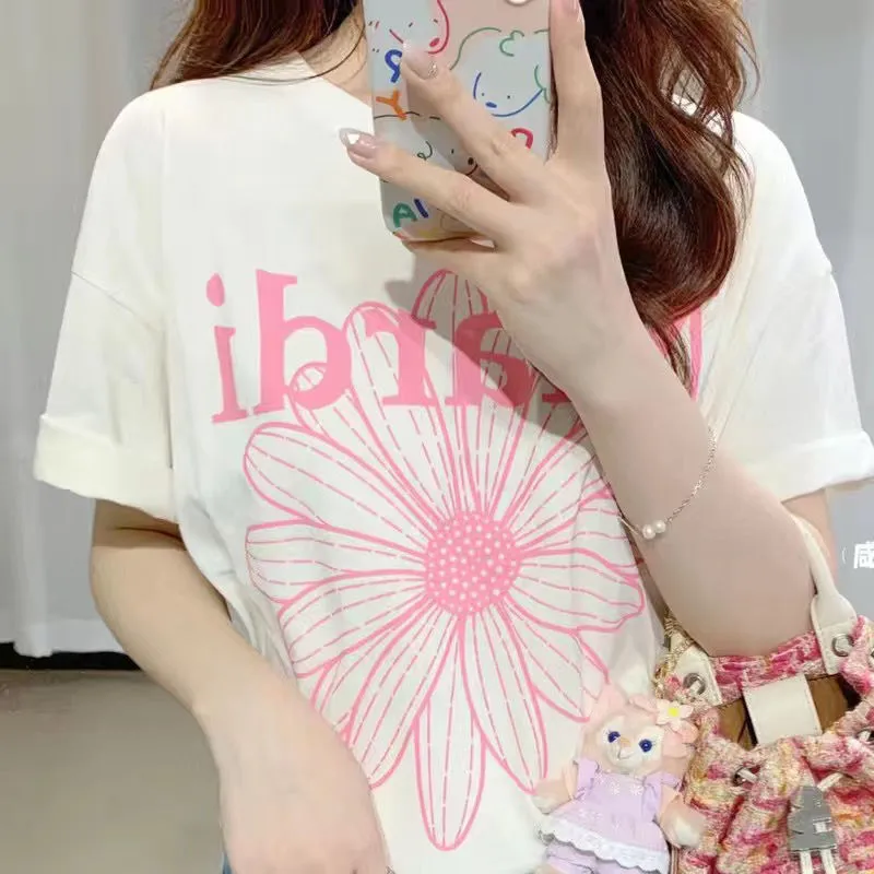 魅力的 ファッション 可愛い アルファベット プリント 花模様 着瘦せ 快適 ゆったり トップス Ｔシャツ