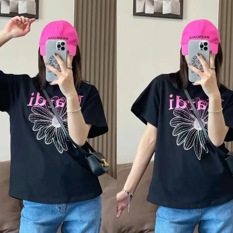魅力的 ファッション 可愛い アルファベット プリント 花模様 着瘦せ 快適 ゆったり トップス Ｔシャツ