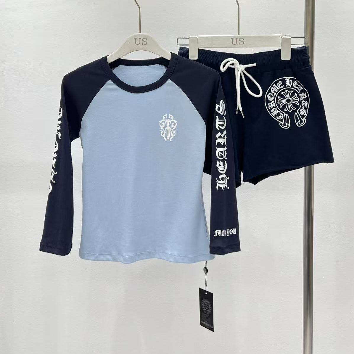 人気新商品 ラウンドネックカラーブロック長袖Tシャツ＋スポーティカジュアルショーツのツーピースセット（レディース）