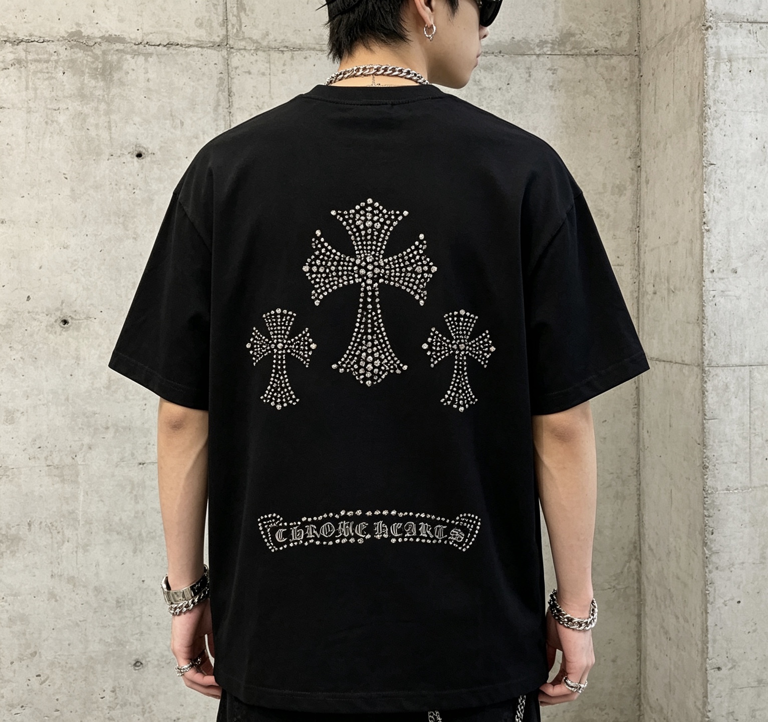 『S-XL』新作のハイストリートブランドのビーズ装飾付きヘビーデューティー半袖クルーネックTシャツ