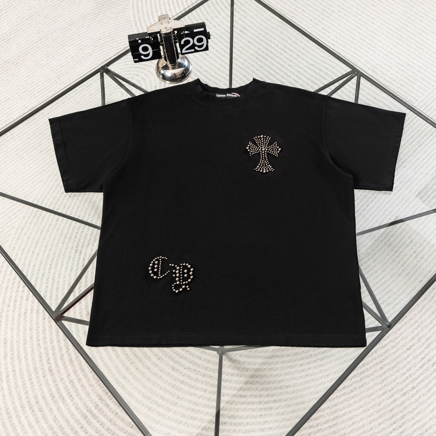 『S-XL』新作のハイストリートブランドのビーズ装飾付きヘビーデューティー半袖クルーネックTシャツ