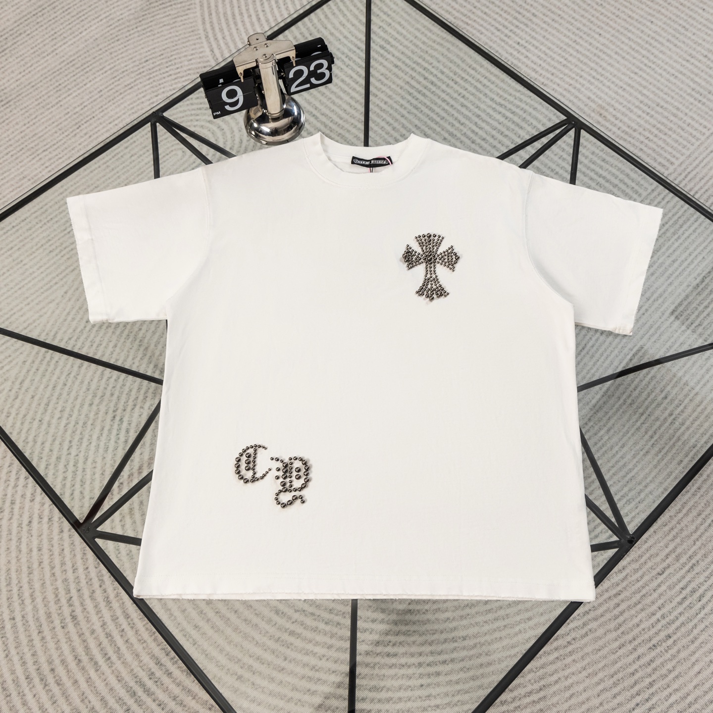 『S-XL』新作のハイストリートブランドのビーズ装飾付きヘビーデューティー半袖クルーネックTシャツ