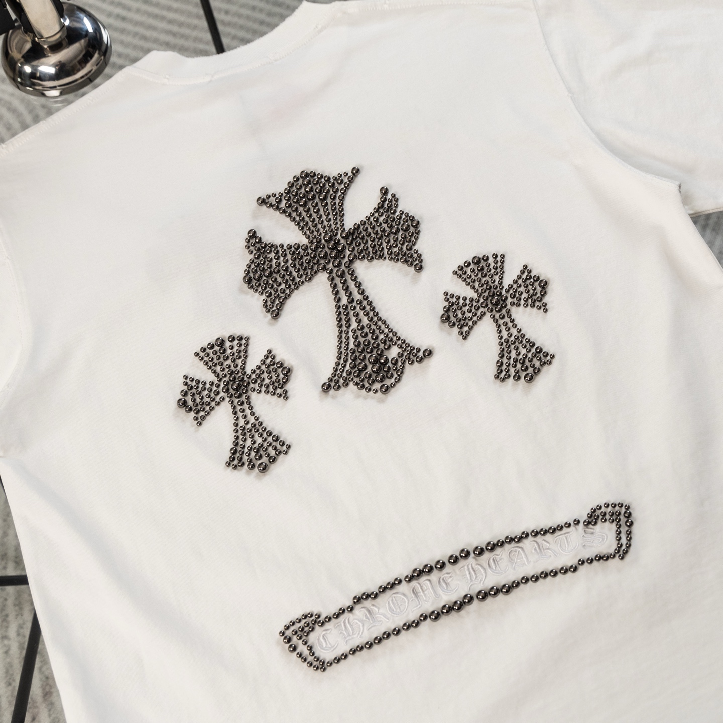 『S-XL』新作のハイストリートブランドのビーズ装飾付きヘビーデューティー半袖クルーネックTシャツ