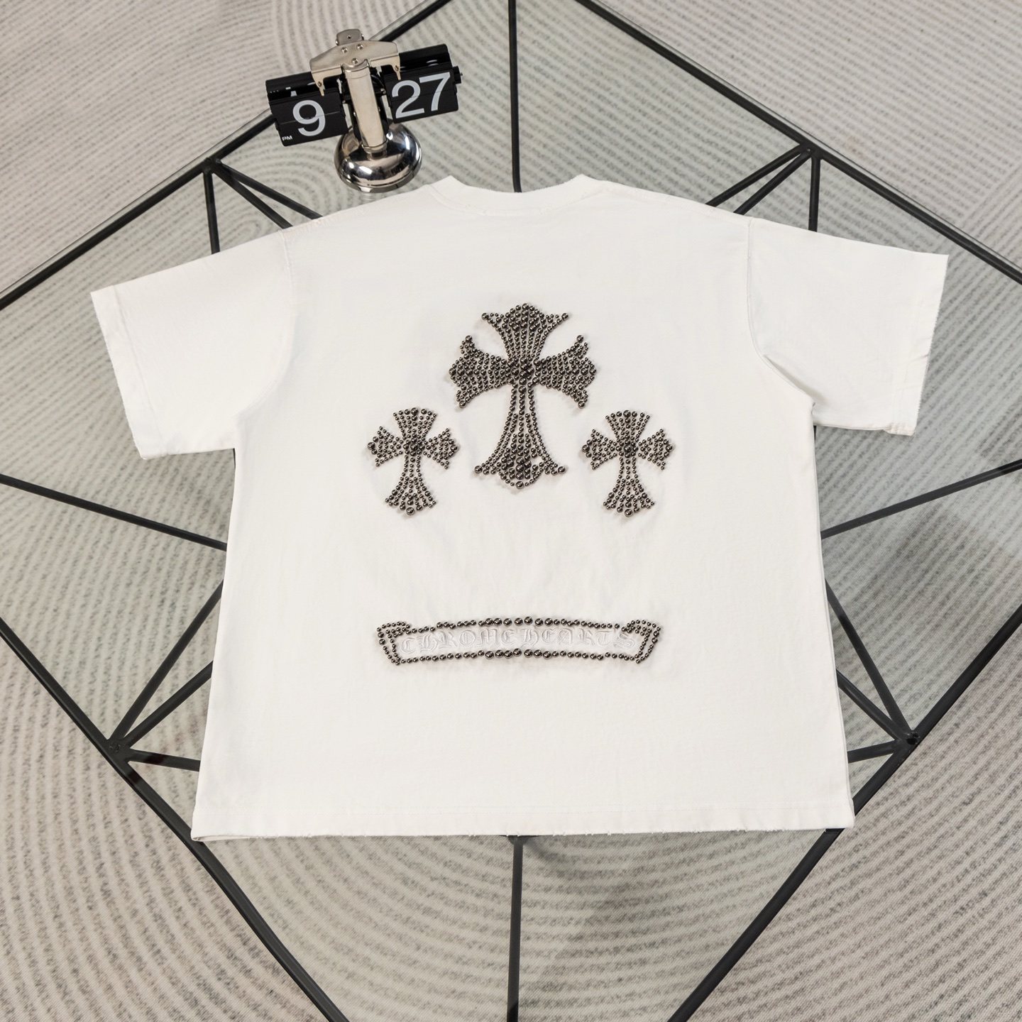 『S-XL』新作のハイストリートブランドのビーズ装飾付きヘビーデューティー半袖クルーネックTシャツ