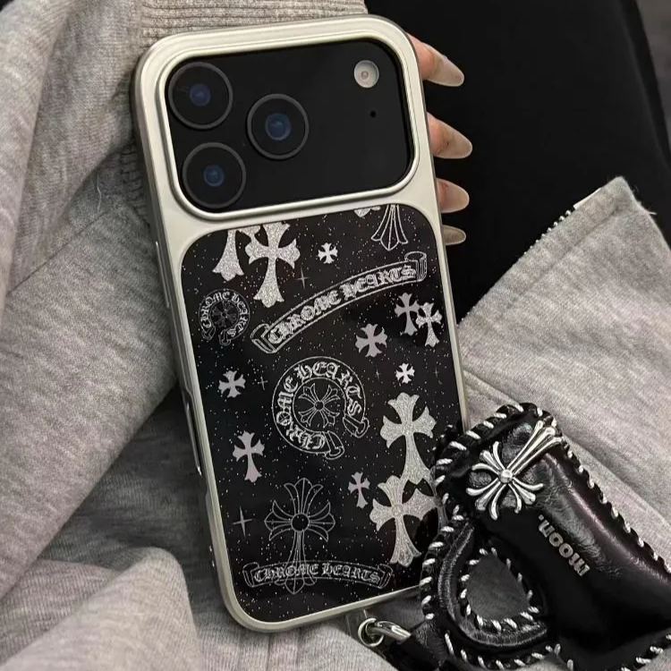 Appleデバイス用の人気のキラキラ輝く黒い十字形の携帯ケース