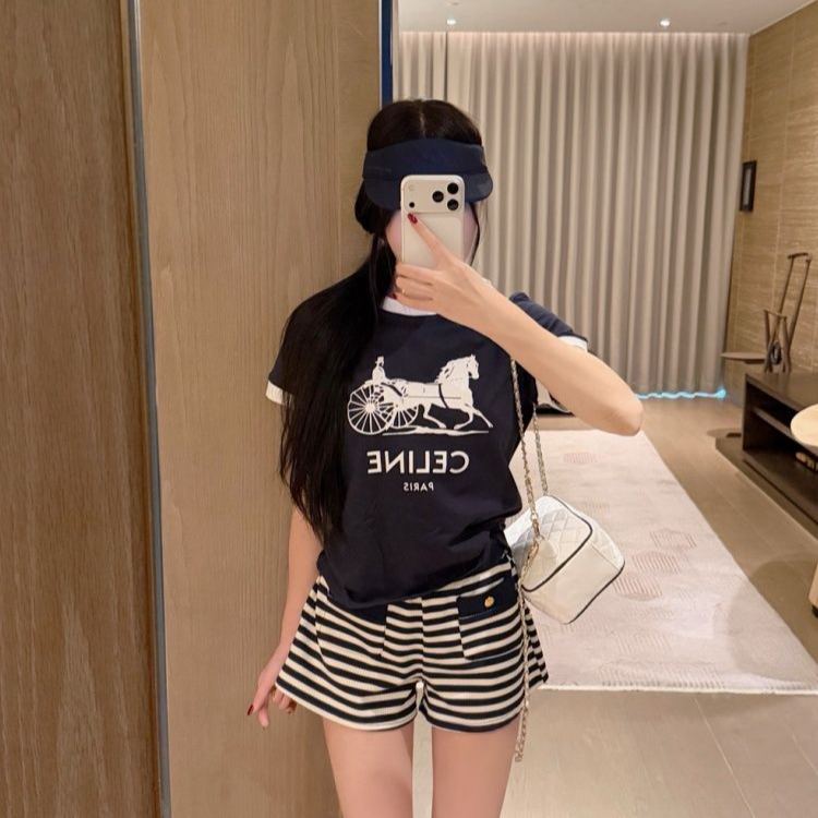 2026年新作　プリントカラーブロッククルーネック半袖Tシャツ＆伸縮性ハイウエストストレートストライプショーツ