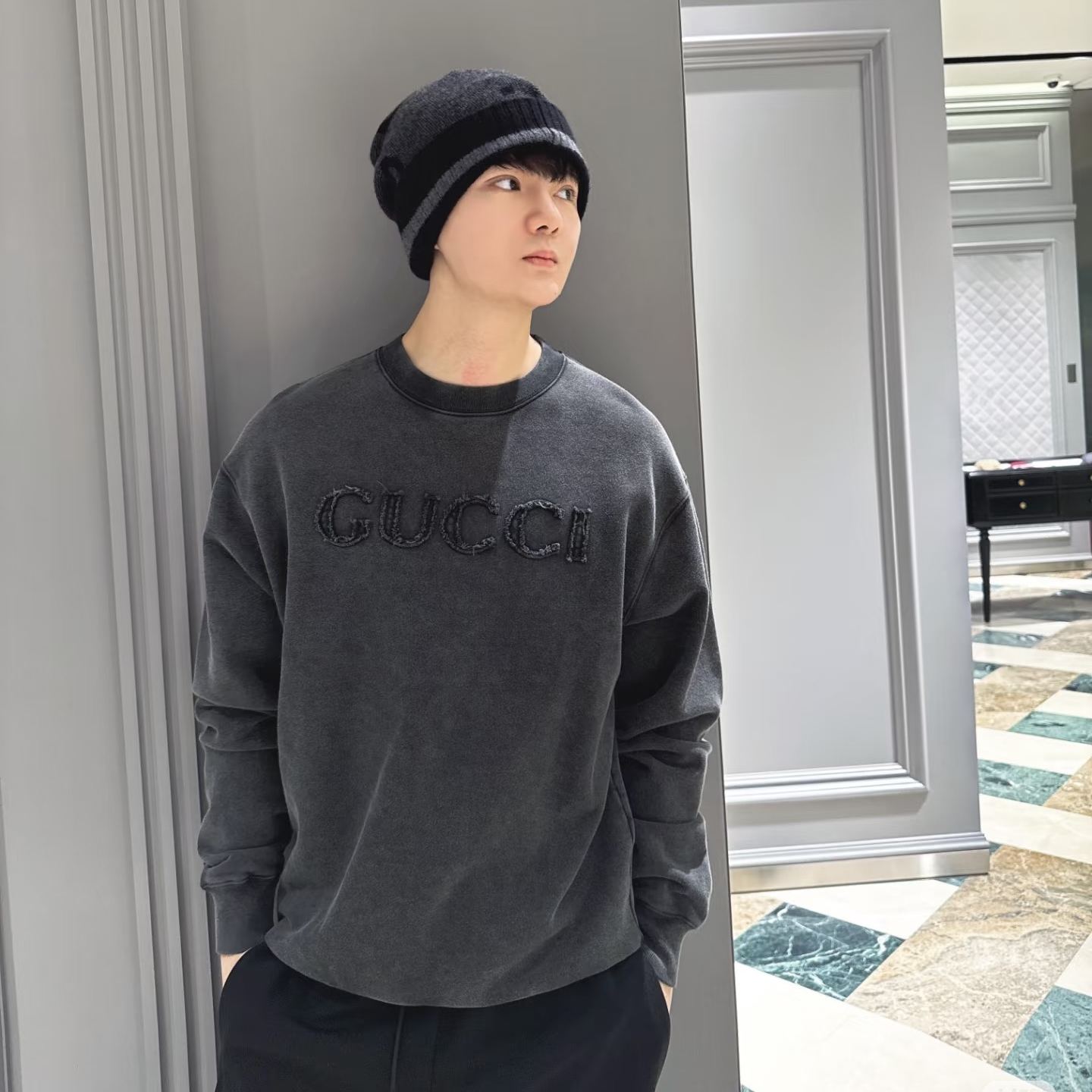 『S-XL』秋冬向けダメージ加工ニットスウェットシャツ