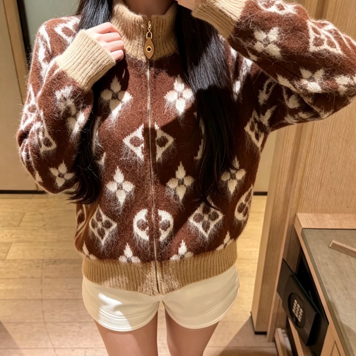 『S-L』モノグラム柄 ロゴ 配色 スタンドカラー ニット ジップアップ カーディガン
