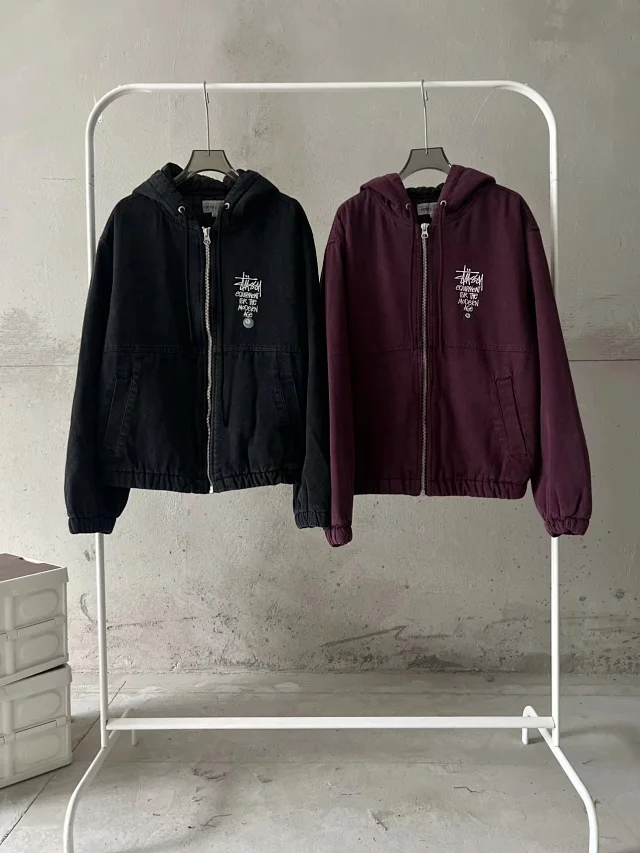 STUSSY帆布保温作業ジャケット綿版ツアー22AW CANVASINSULATED WORK JACKET帆布絶縁水洗いジャケット綿服綿聯帽ジッパーコート男女秋冬
