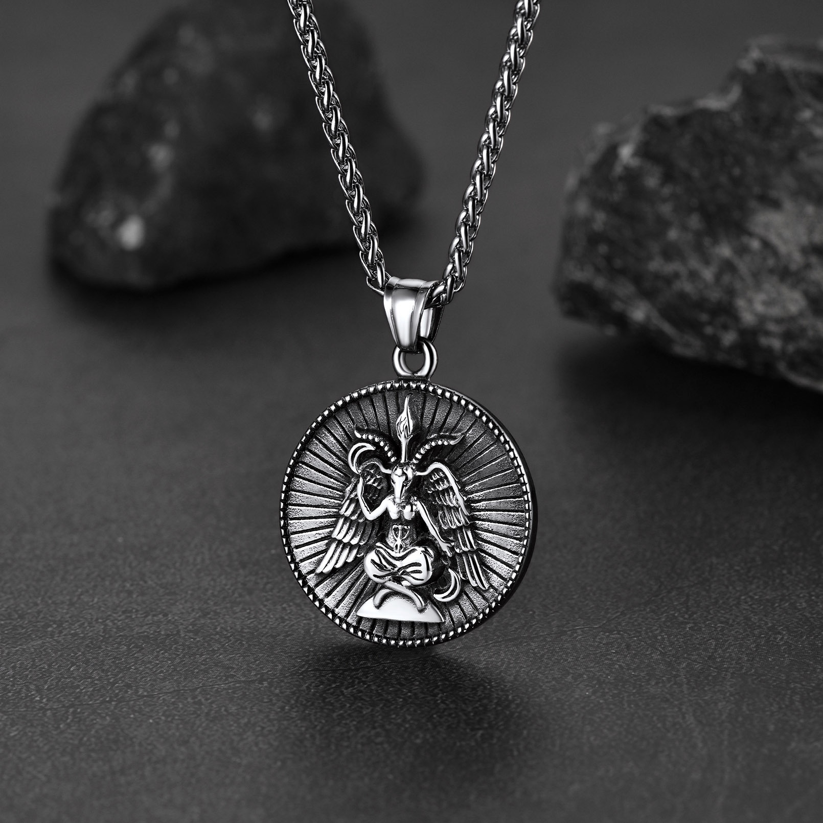 Oidea Collana Baphomet Satana Acciaio Inox - Ciondolo Capra Doppia Faccia Gotico
