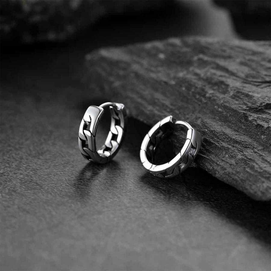 FaithHeart Chunky Black Chain Hoop Earrings in Sterling Silver For Men