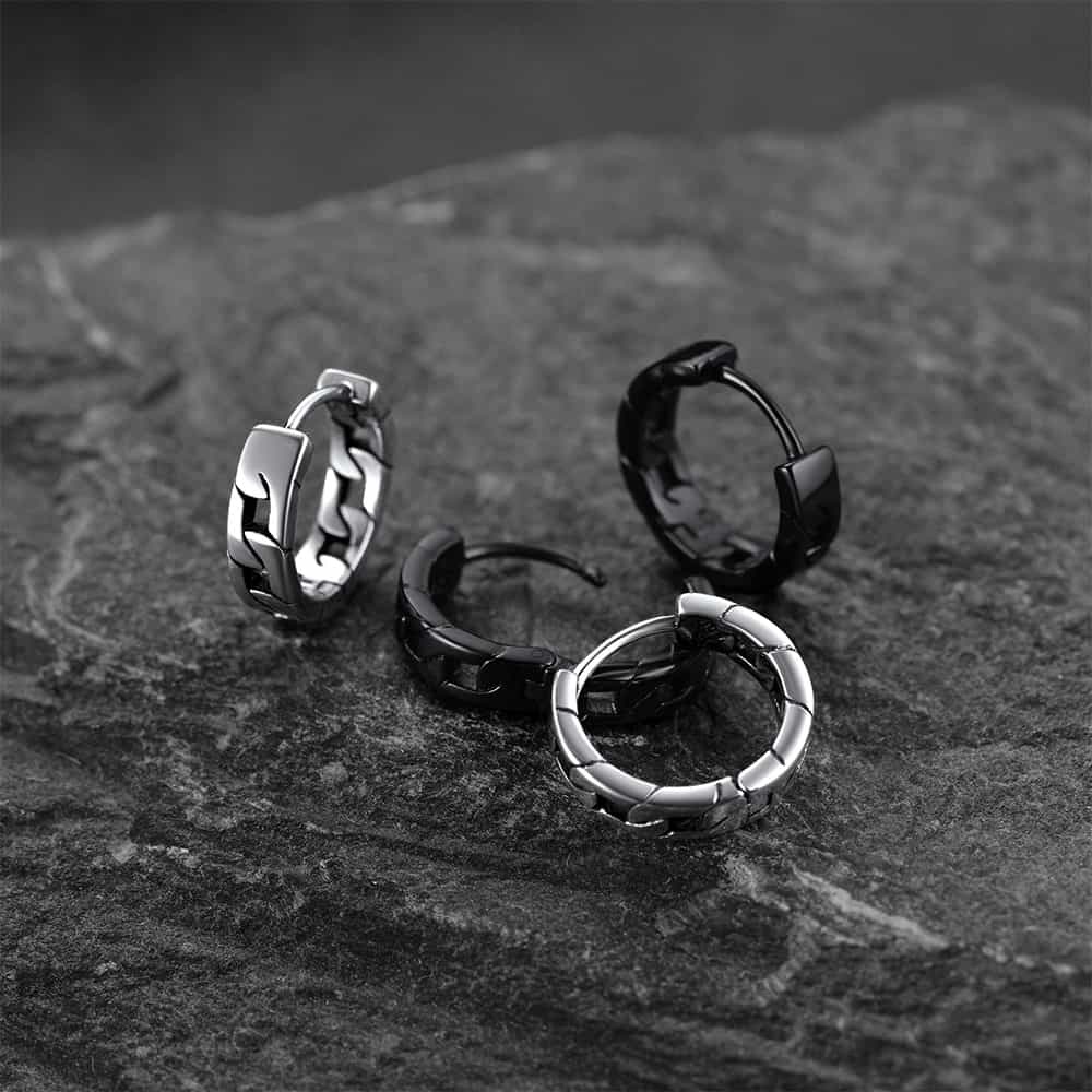 FaithHeart Chunky Black Chain Hoop Earrings in Sterling Silver For Men