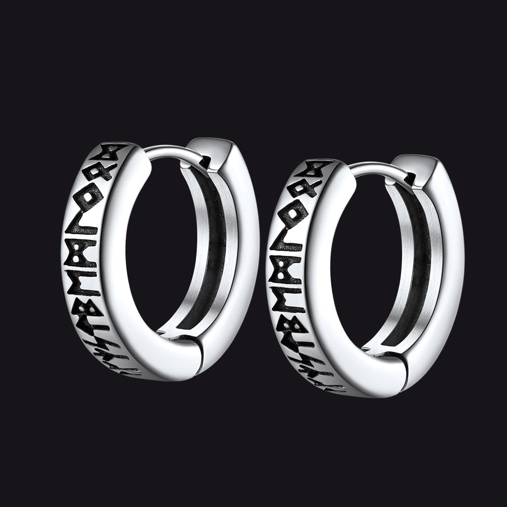 Viking Runes Hoop Earrings for Men Stainless Steel Faithheart