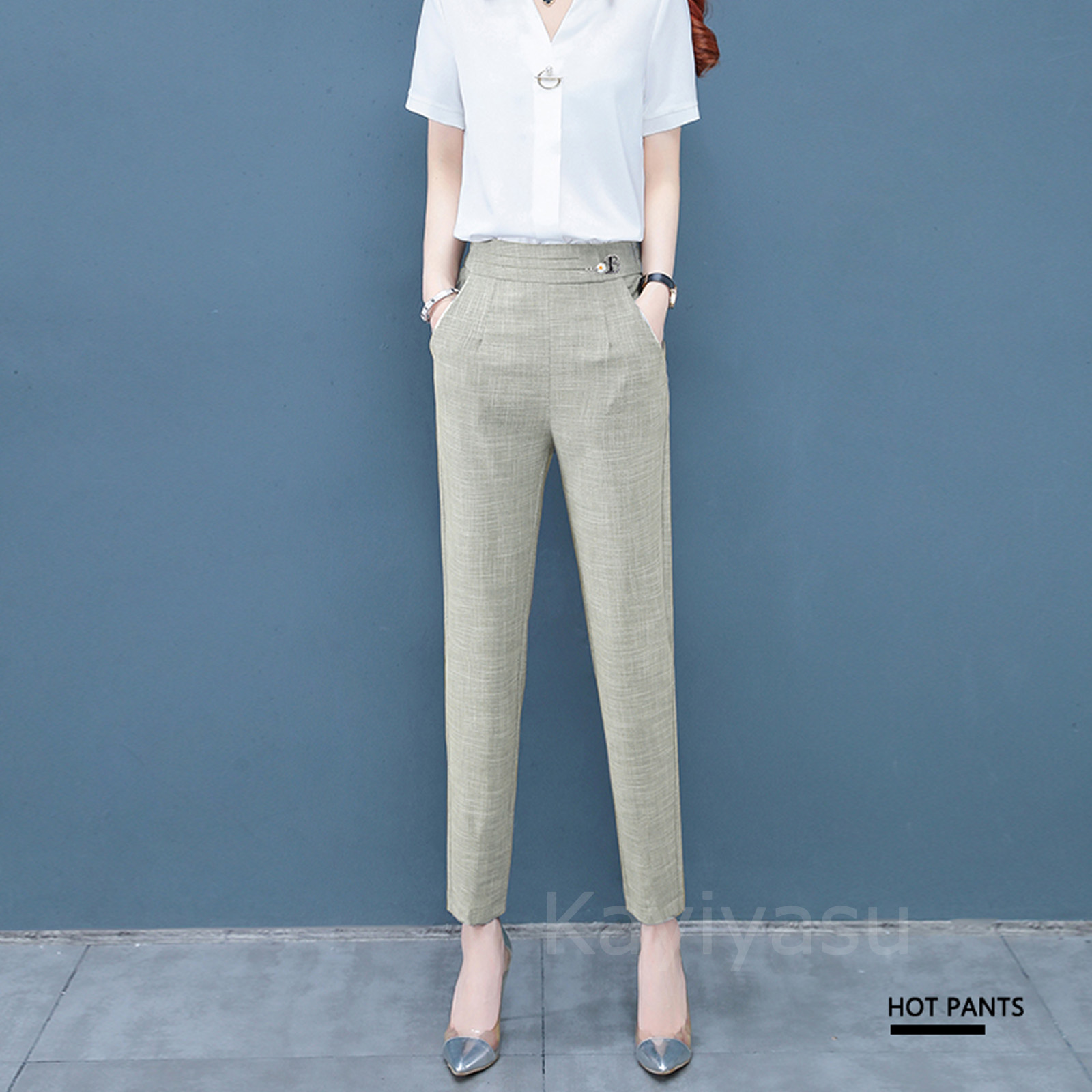 レディース スーツパンツ スキニーパンツ 九分丈 綿麻 夏 Kayiyasu 買い易
