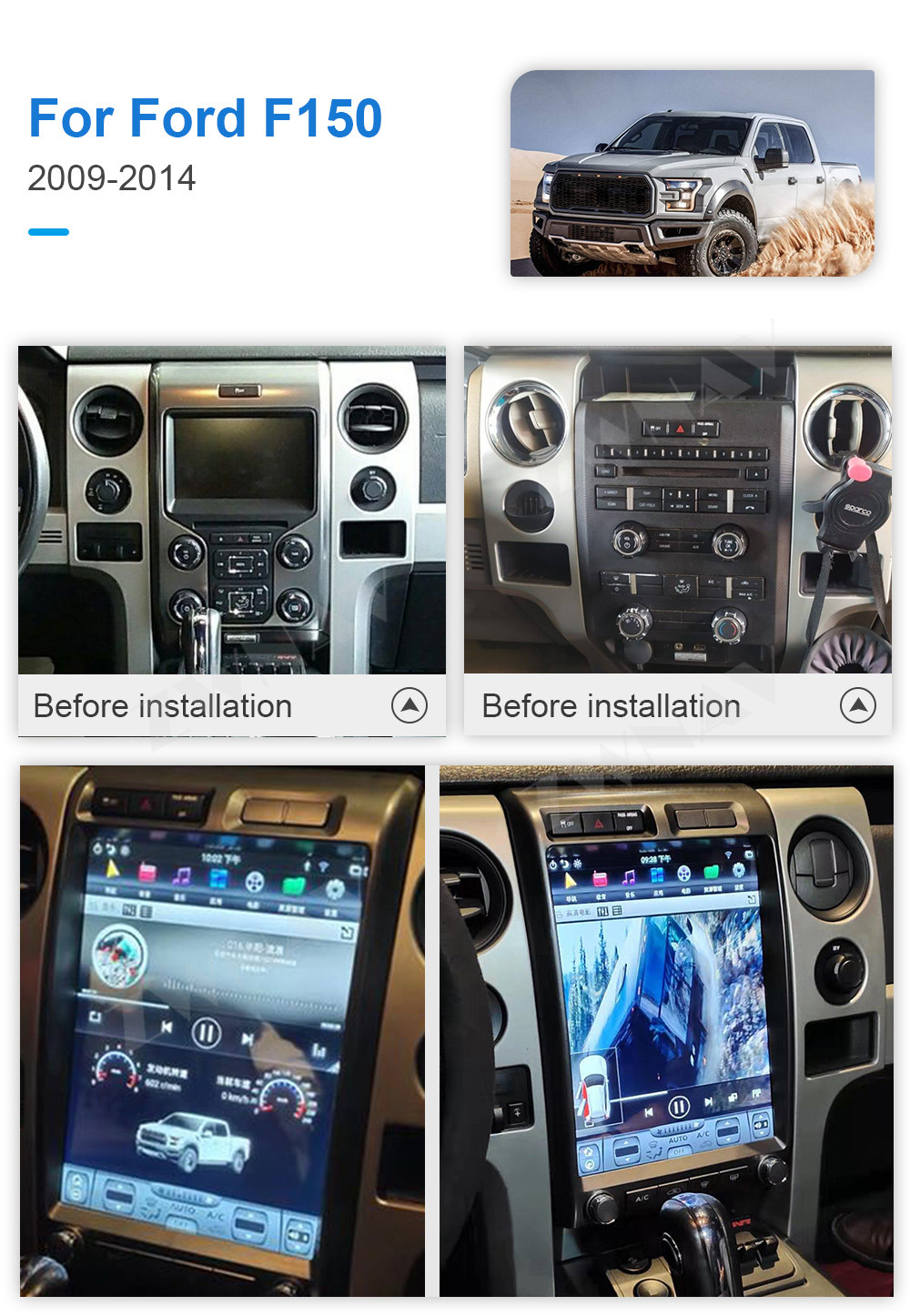 for 2009 2010 2011 2012 2013 2014 Ford F-150 F150 Android 4GB RAM 64GB ROM  Tesla Style Radio Stereo 13 IPS Screen HD Apple CarPlay Android Auto DSP