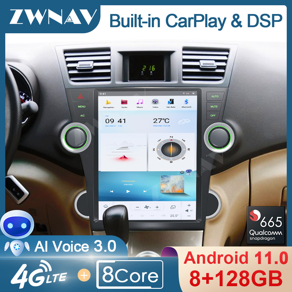 8+128GB Tesla Style For Toyota highlander 2007 - 2013 Android 11 Car Multimedia Bluetooth 5.0 Player GPS Navi Radio Stereo