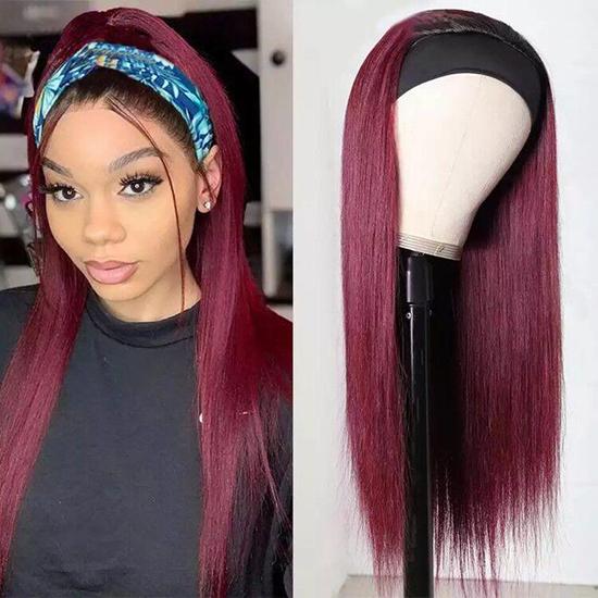 Dark Burgundy 99J Color Straight Headband Wigs Black Root Glueless Human Hair Wig For Women