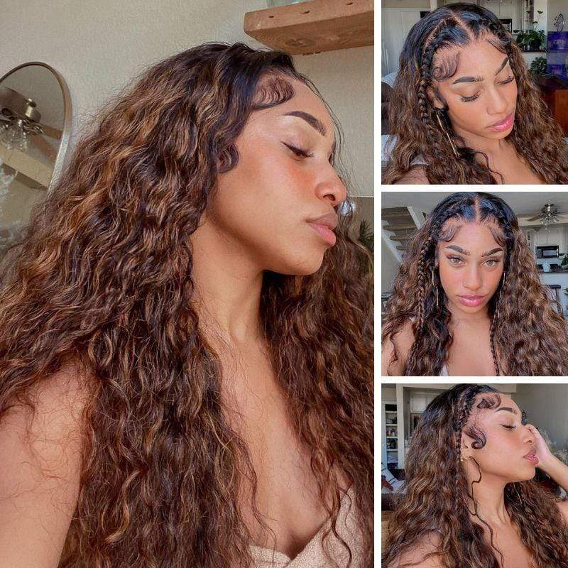 Water Wave Balayage Highlight Colored Wigs 13x4 Lace Front Human Hair Wigs 150% Density