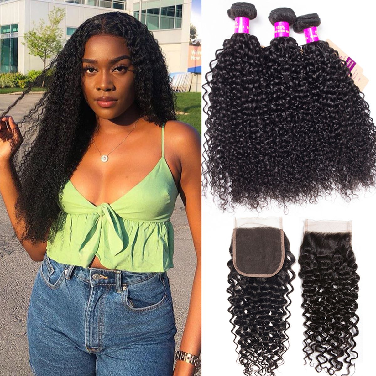 Peruvian Curly Human Hair Weft With Closure 100% Virgin Human Hair 3 Bundles With Closure Best Curly