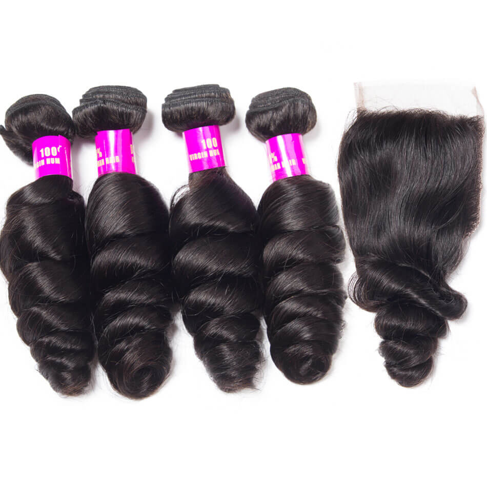 Virgin Hair Brazilian Loose Wave With Closure Brazilian Remy Hair Spring Curly 4 Bundles Hair Weft With Closure