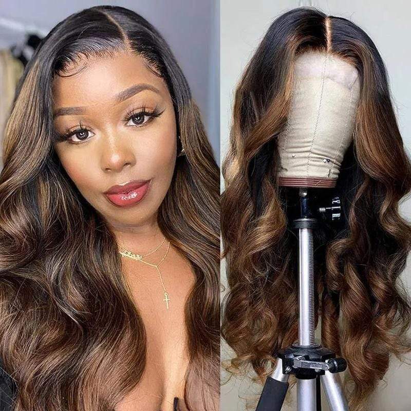Pre-Colored 1B/30 Ombre Balayage Highlight Shadow Root Body Wave Lace Front Human Hair Wig