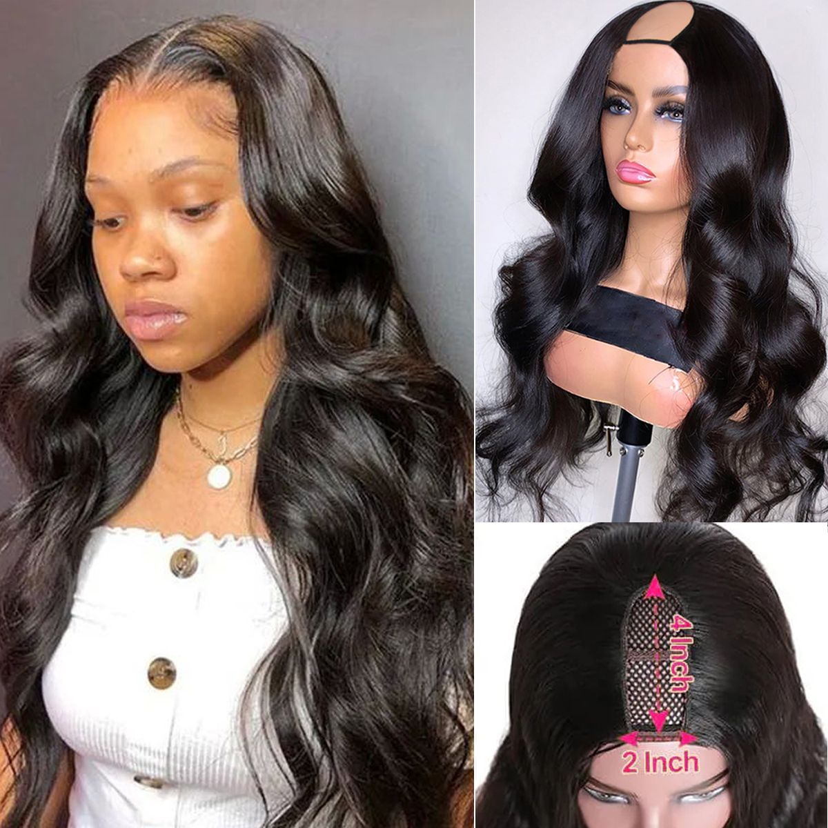 Body Wave Human Hair U Part Wigs 150% Density Natural Color Wigs