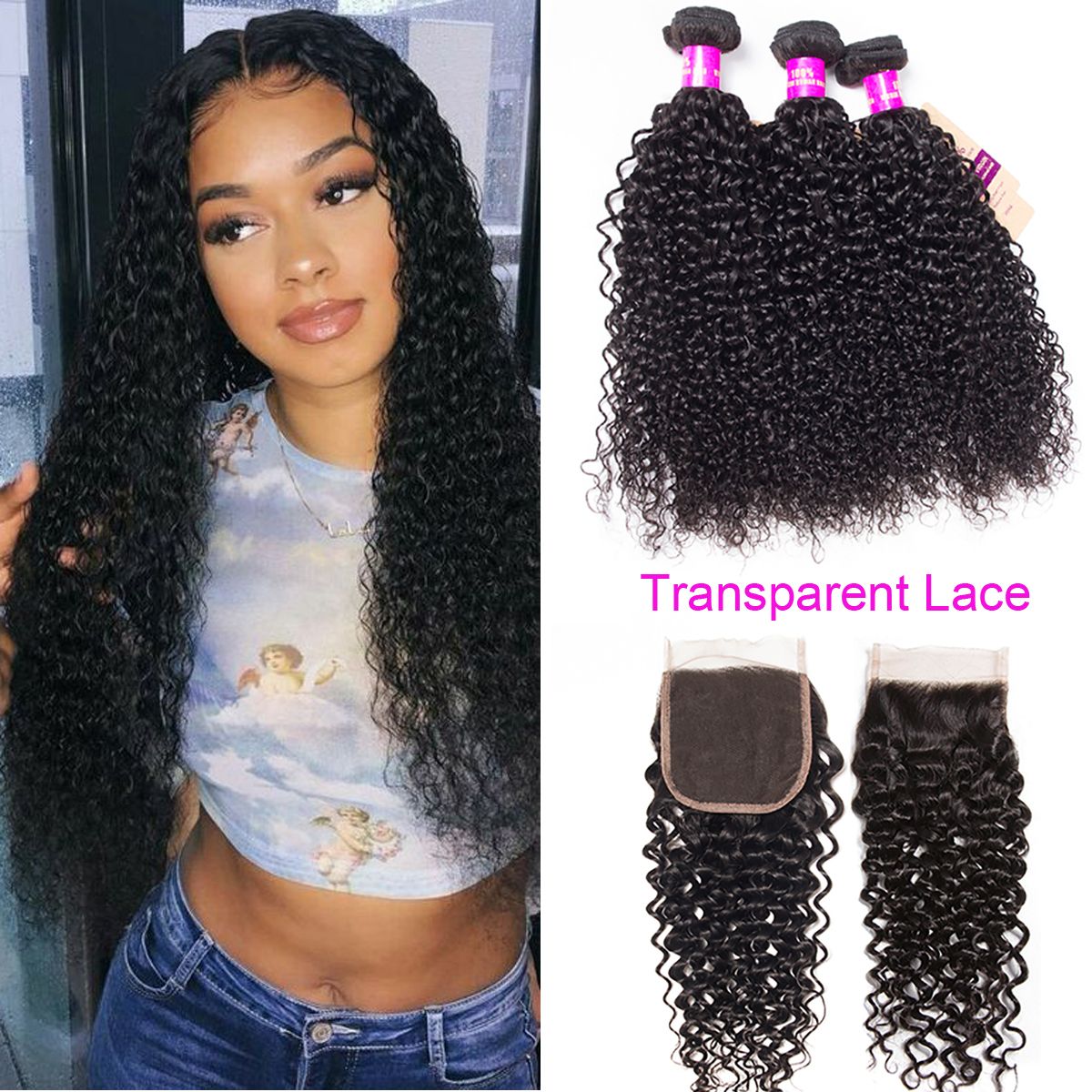 Brazilian Curly Virgin Hair With Transparent Lace Closure 3 Bundles Sale