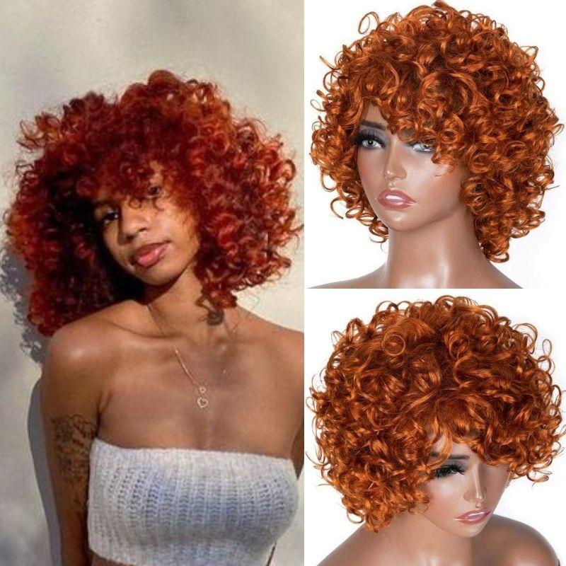 Short Human Hair Wig Bouncy Curl Orange Ginger Color No Lace Pixie Cut Wig