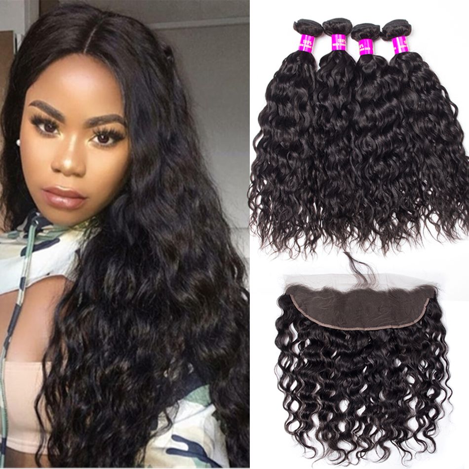 Water Wave 4 Bundles With Frontal Peruvian Wet and Wavy Human Hair Weave Bundles With 13*4 Frontal Soft Natural Hair