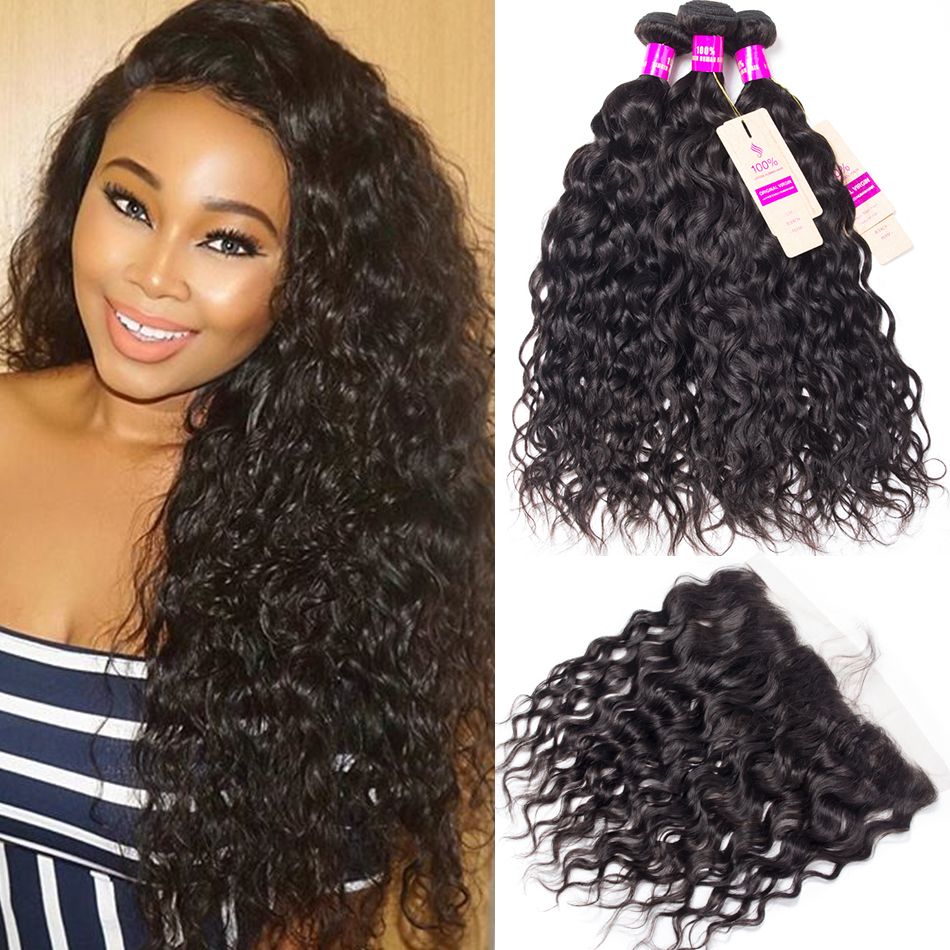 Malaysian Wet and Wavy Human Hair Weave Bundles With Frontal Natural Color 3 Bundles Water Wave With 13*4 Frontal