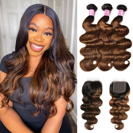 Balayage Hair Color 3 Bundles with Lace Closure Pre Plucked Free Part Highlights Ombre Hair Bundles Body Wave