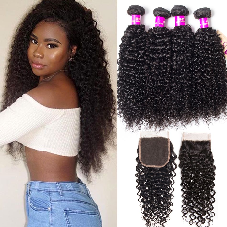 Malaysian Curly Human Hair Weft With Closure Deals 100% Virgin Human Hair 4 Bundles With Closure
