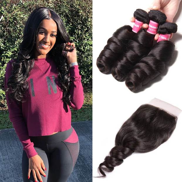 8A Indian Loose Wave Hair 3 Bundles with 4*4 Lace Closure Deals