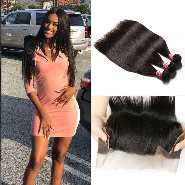 3 Bundles Brazilian Straight Hair with 13*4 Ear to Ear Lace Frontal Closure