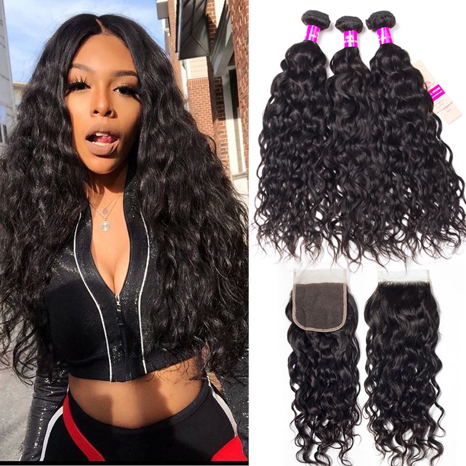 Indian Wet and Wavy Human Hair Bundles with Closure Hair Indian Water Weave 3 Bundles With Closure Sale